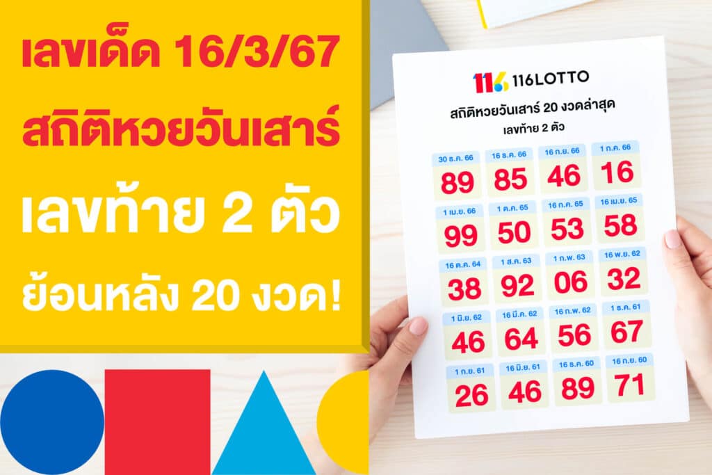 เลขเด็ด 16/3/67 สถิติหวยวันเสาร์ เลขท้าย 2 ตัว ย้อนหลัง 20 งวด!