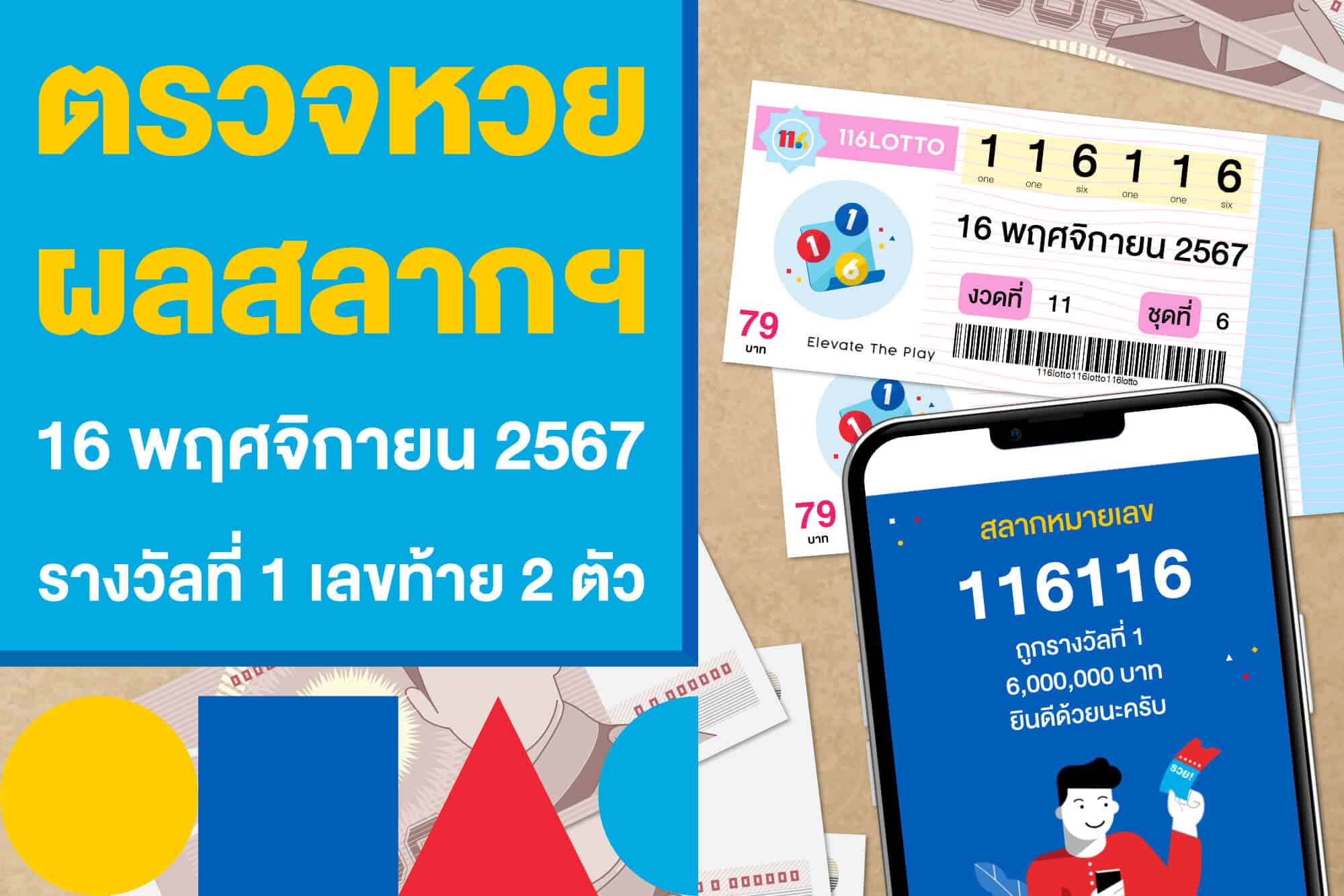 ตรวจหวย ผลสลากฯ 16 พฤศจิกายน 2567 รางวัลที่ 1 และเลขท้าย 2 ตัว