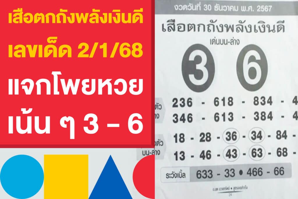 เสือตกถังพลังเงินดี เลขเด็ด 2/1/68 แจกโพยหวยงวดนี้ เน้น ๆ 3 - 6